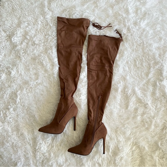 NWT LULUS Natiee Taupe Suede Pointed-Toe Over-the-Knee Boots - Picture 7 of 10